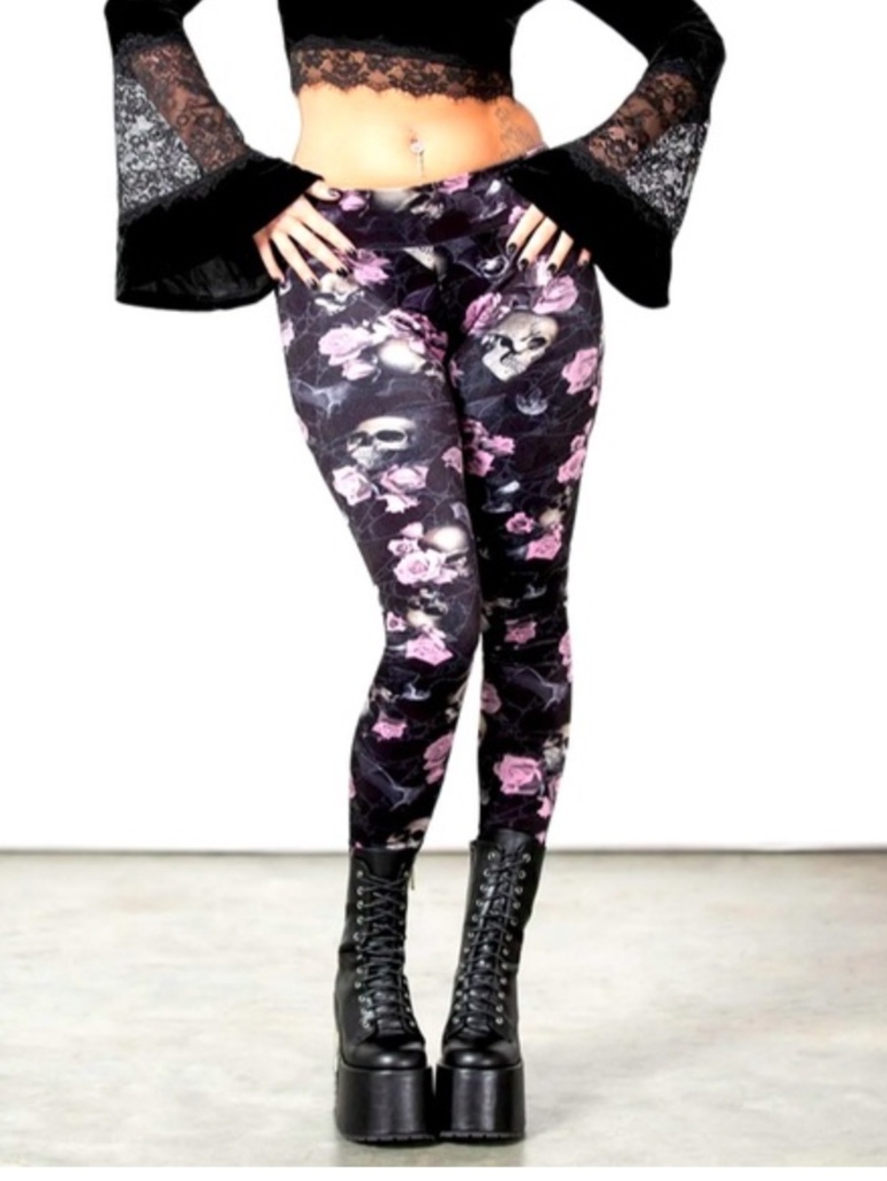 Killstar Black Leggings with Pink Rose & Skull Print